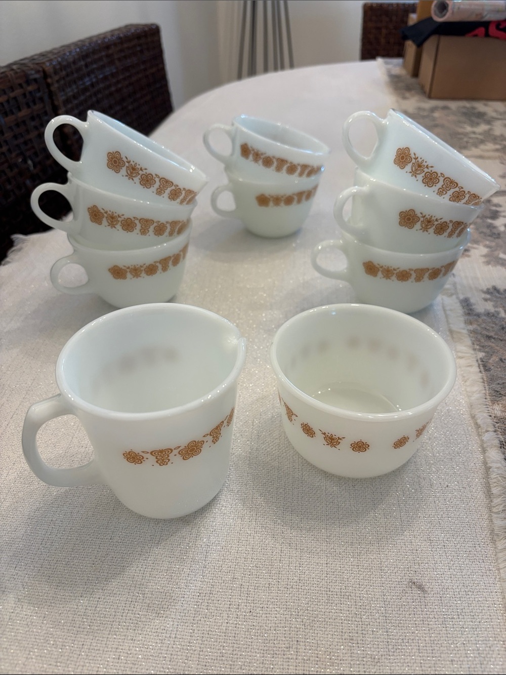 Vintage Pyrex Butterfly Gold Cups (8), Creamer, Sugar Bowl